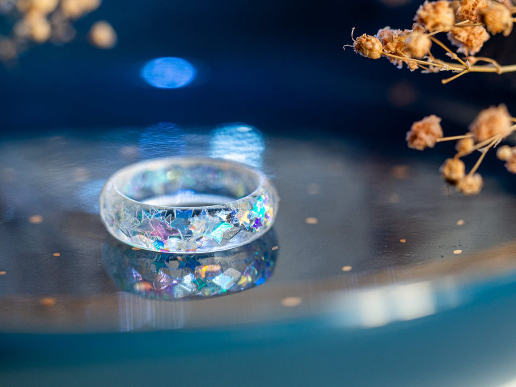 Handmade Resin Star Ring - Iridescent Galaxy Band with Holographic Stars - 13th Psyche