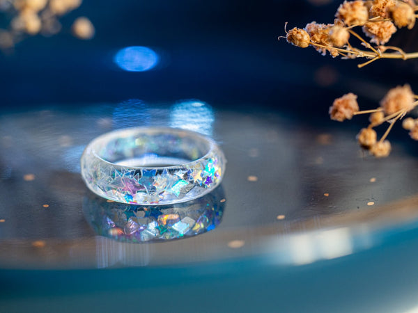 Handmade Resin Star Ring - Iridescent Galaxy Band with Holographic Stars - 13th Psyche