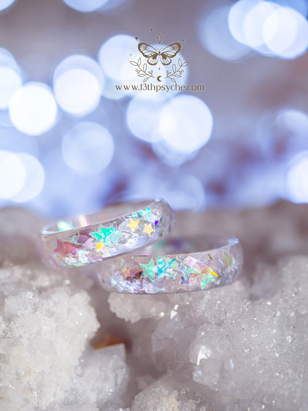 Handmade Resin Star Ring - Iridescent Galaxy Band with Holographic Stars - 13th Psyche