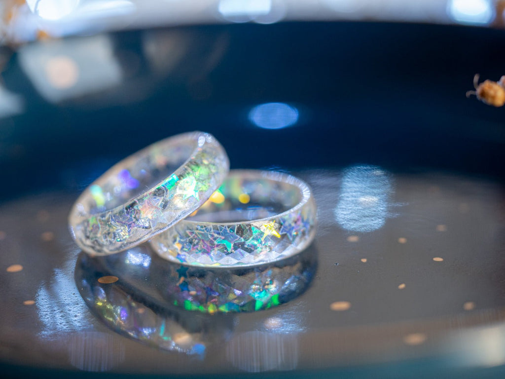 Handmade Resin Star Ring - Iridescent Galaxy Band with Holographic Stars - 13th Psyche
