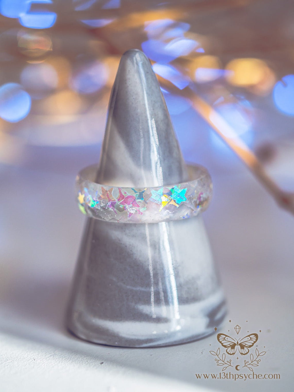 Handmade Resin Star Ring - Iridescent Galaxy Band with Holographic Stars - 13th Psyche