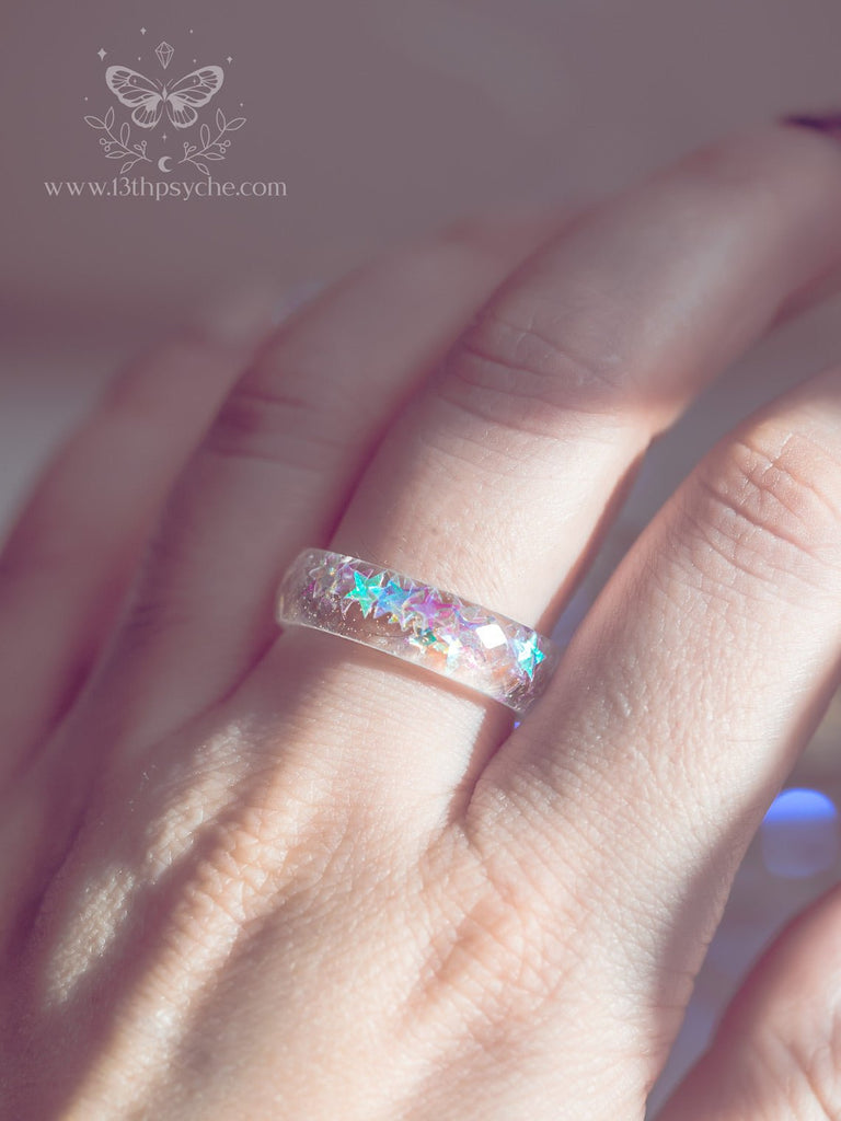 Handmade Resin Star Ring - Iridescent Galaxy Band with Holographic Stars - 13th Psyche