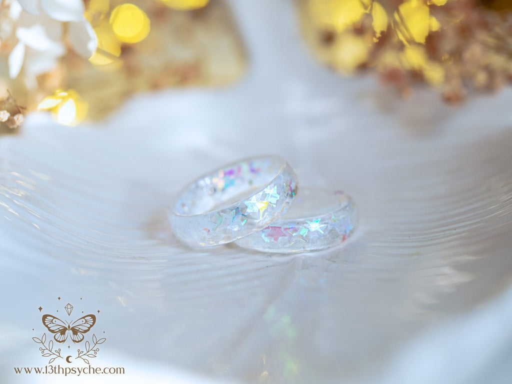Handmade Resin Star Ring - Iridescent Galaxy Band with Holographic Stars - 13th Psyche