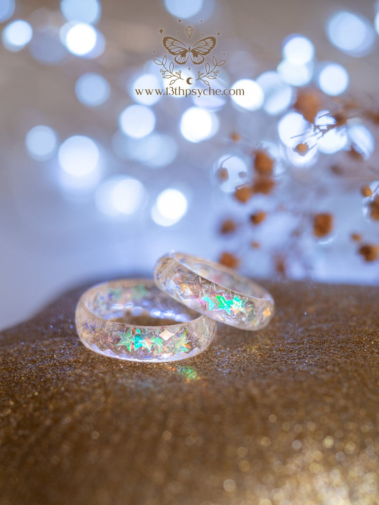 Handmade Resin Star Ring - Iridescent Galaxy Band with Holographic Stars - 13th Psyche