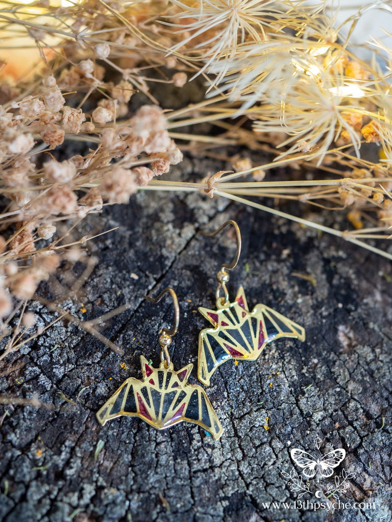 Handmade Stained glass inspired Bat dangle earrings - 13th Psyche