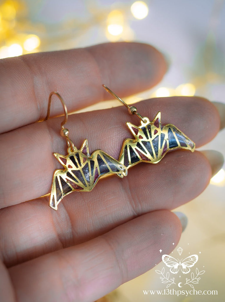 Handmade Stained glass inspired Bat dangle earrings - 13th Psyche