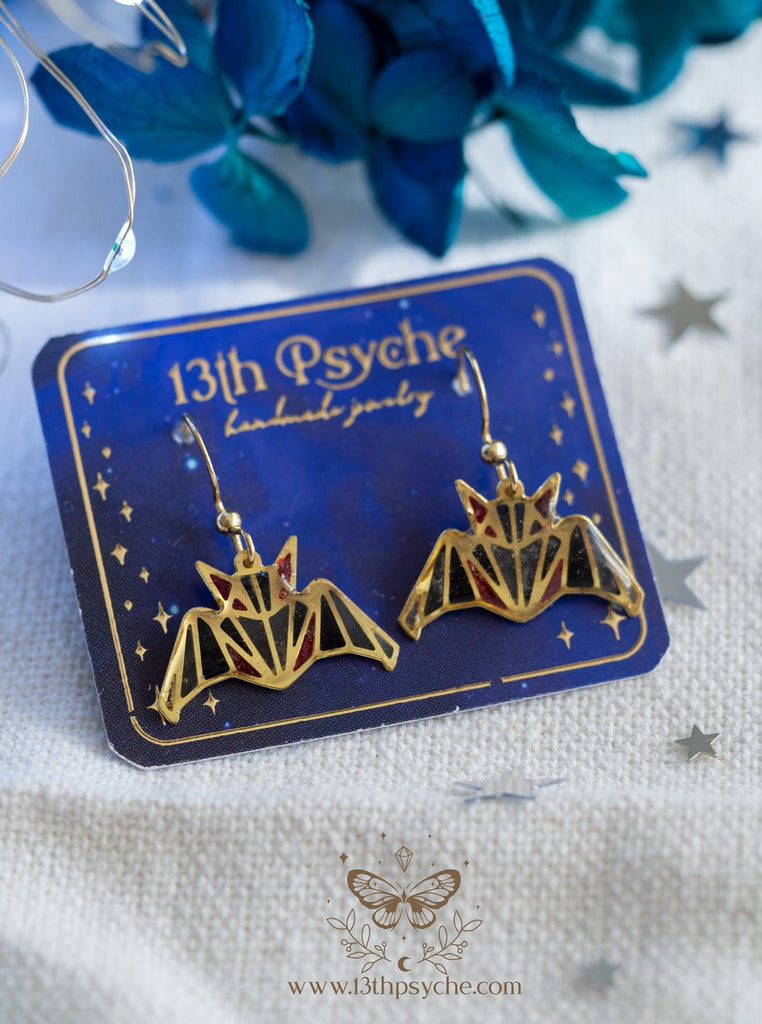 Handmade Stained glass inspired Bat dangle earrings - 13th Psyche
