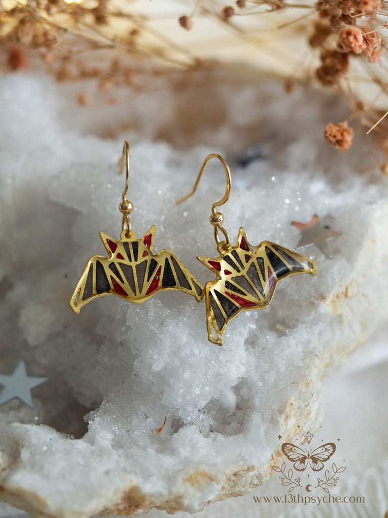 Handmade Stained glass inspired Bat dangle earrings - 13th Psyche