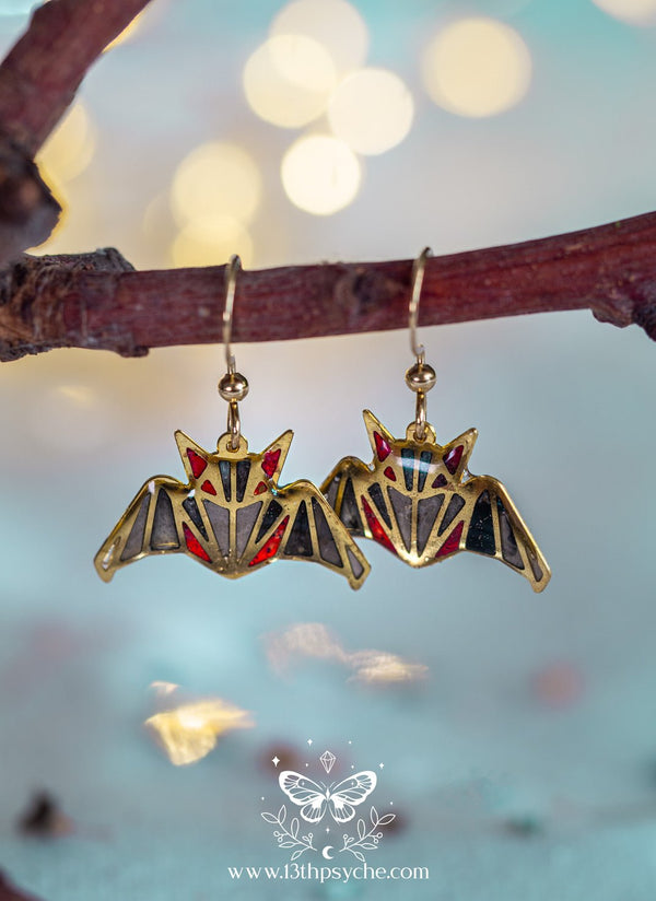Handmade Stained glass inspired Bat dangle earrings - 13th Psyche