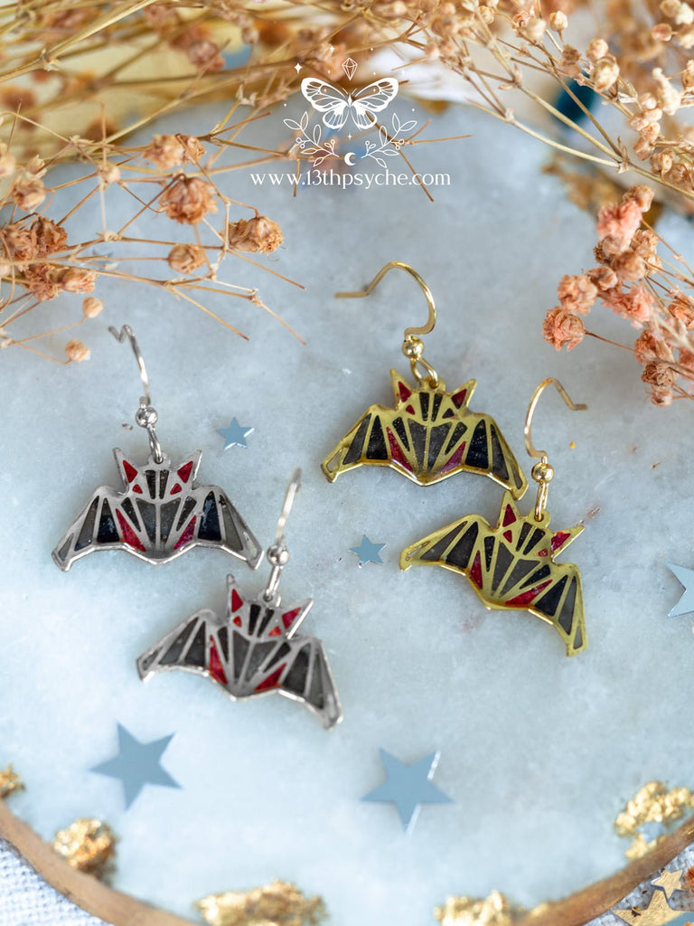 Handmade Stained glass inspired Bat dangle earrings - 13th Psyche