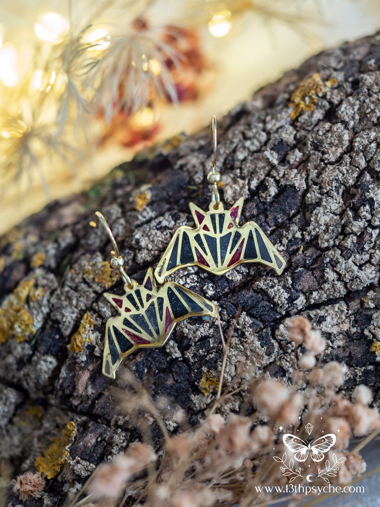 Handmade Stained glass inspired Bat dangle earrings - 13th Psyche