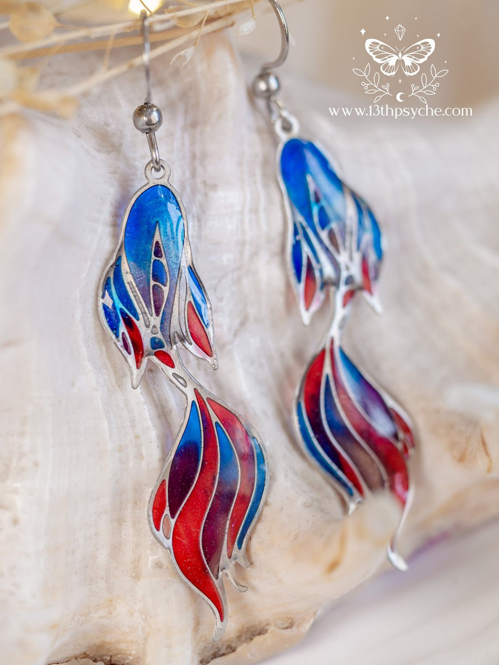 Handmade Stained glass inspired Betta Fish tail Earrings - 13th Psyche