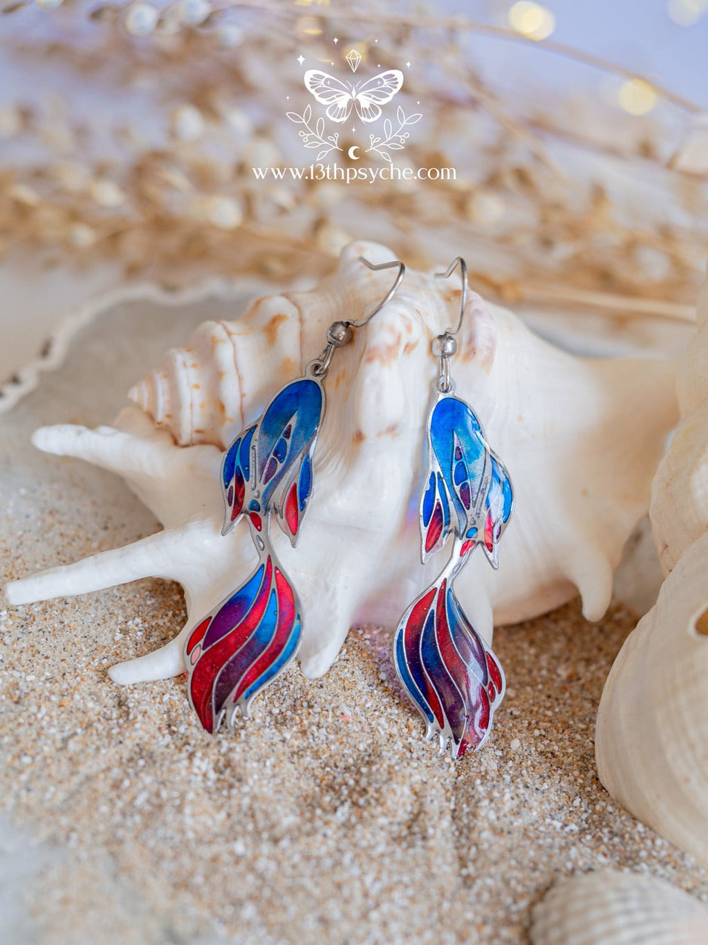 Handmade Stained glass inspired Betta Fish tail Earrings - 13th Psyche