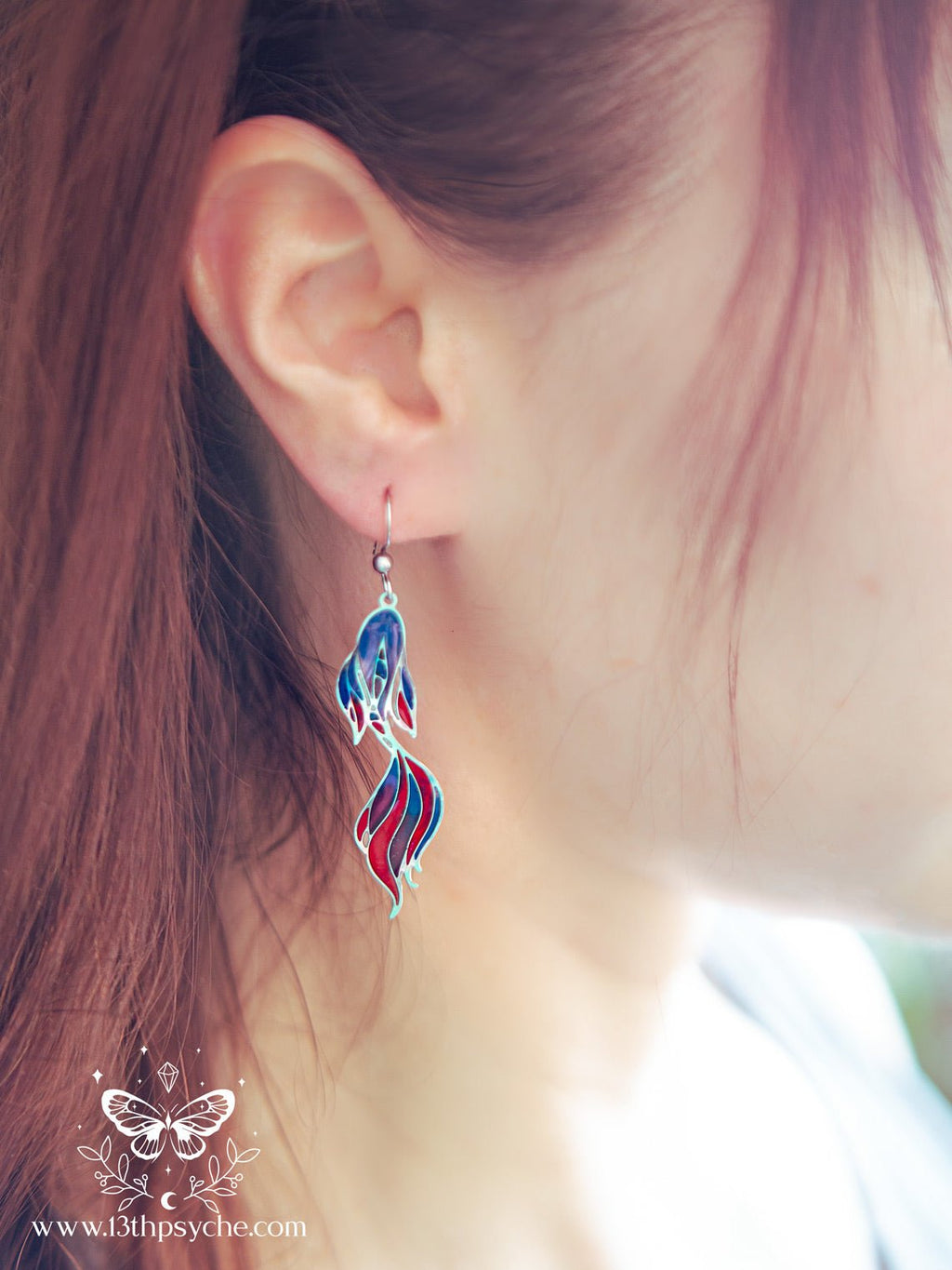 Handmade Stained glass inspired Betta Fish tail Earrings - 13th Psyche