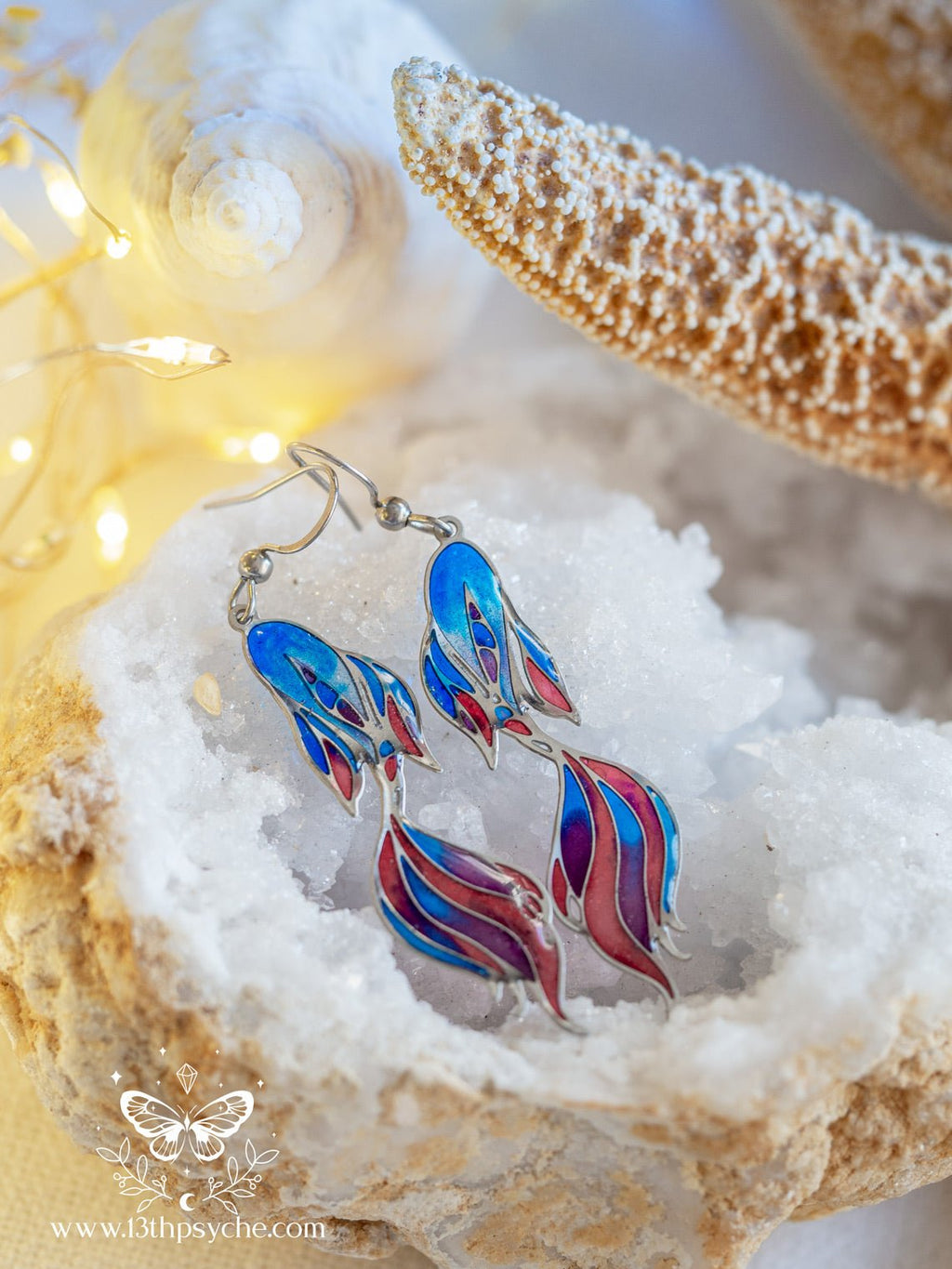 Handmade Stained glass inspired Betta Fish tail Earrings - 13th Psyche