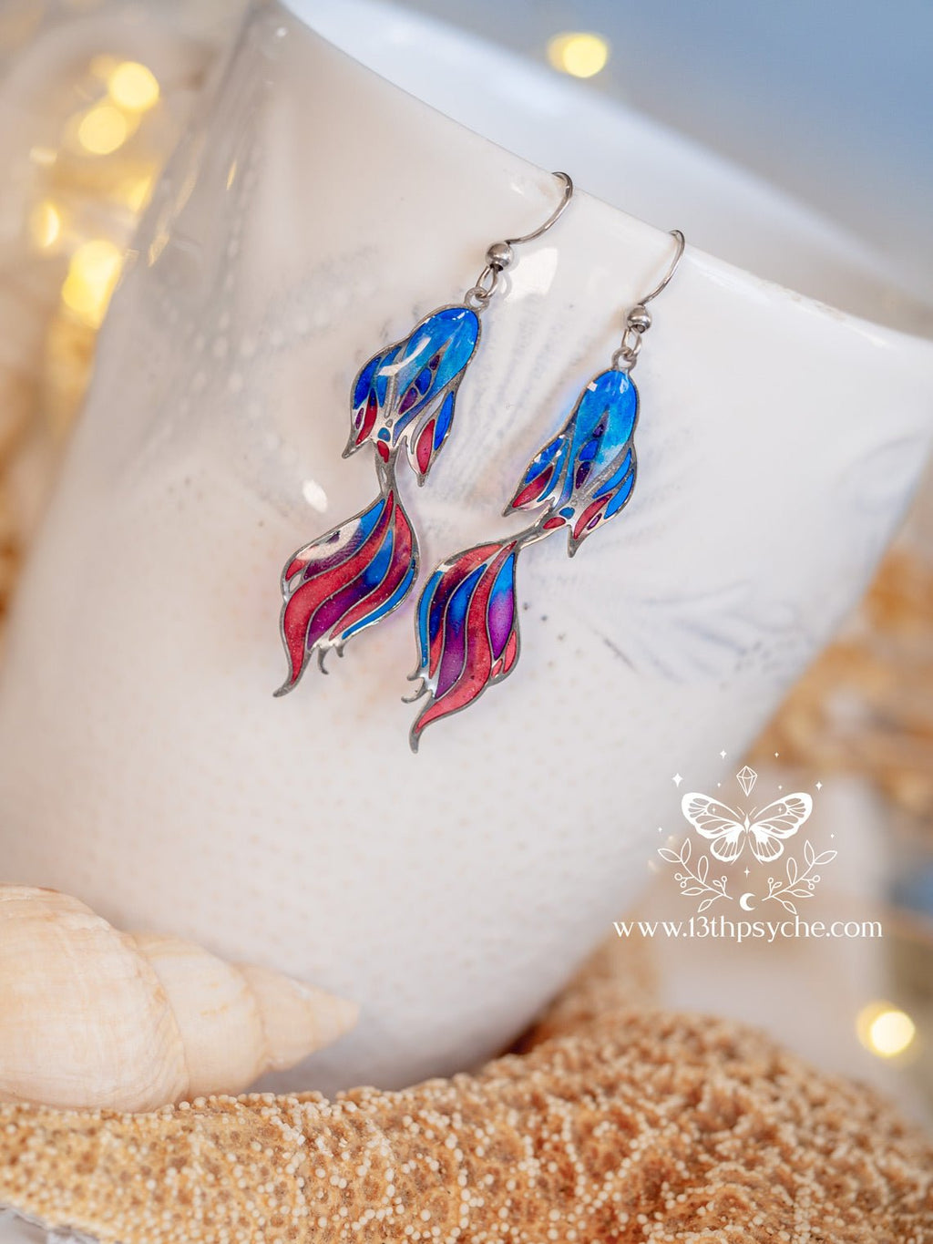 Handmade Stained glass inspired Betta Fish tail Earrings - 13th Psyche