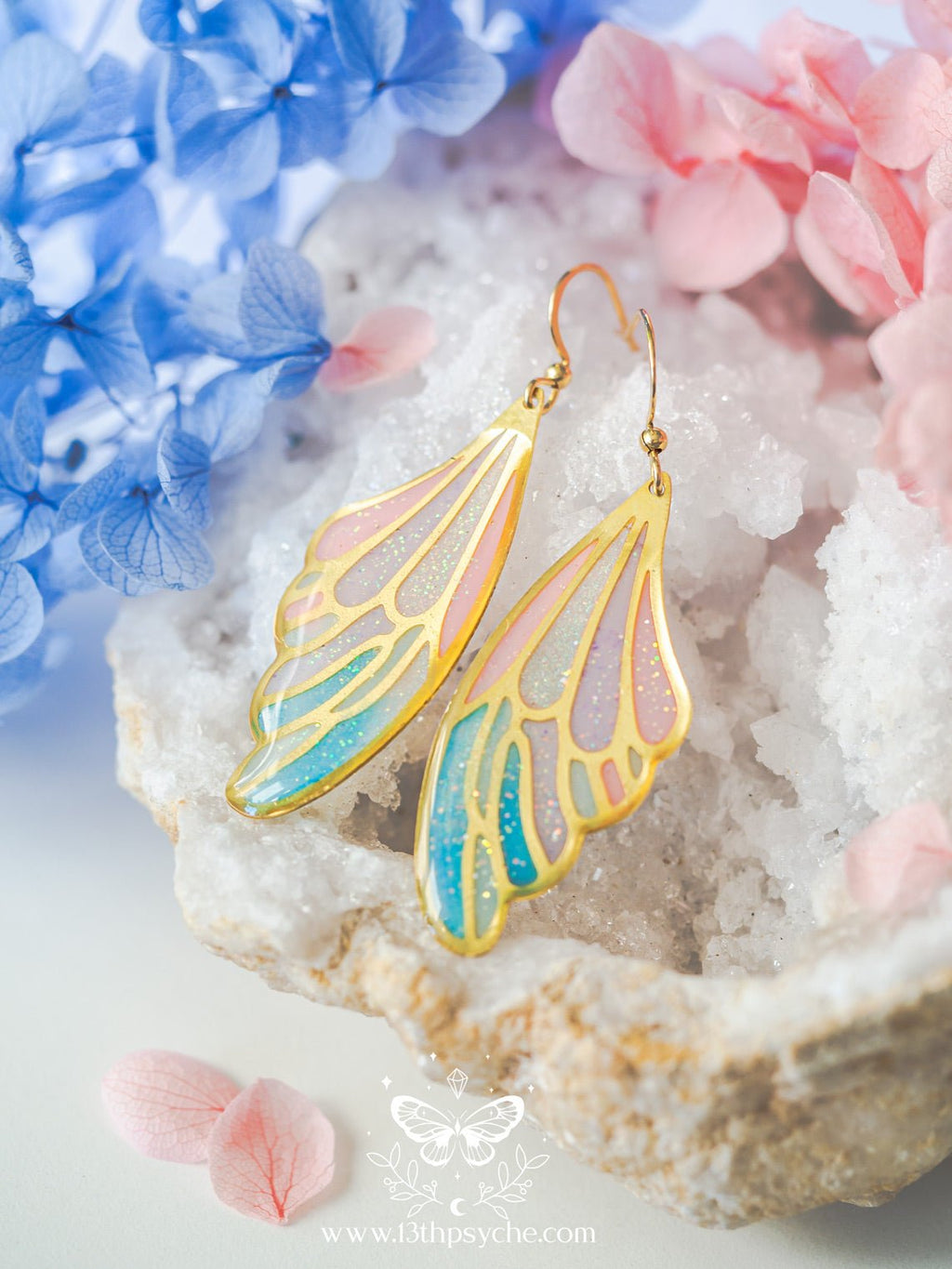 Handmade Stained glass inspired blue and pink Fairy Wing Resin Earrings - 13th Psyche