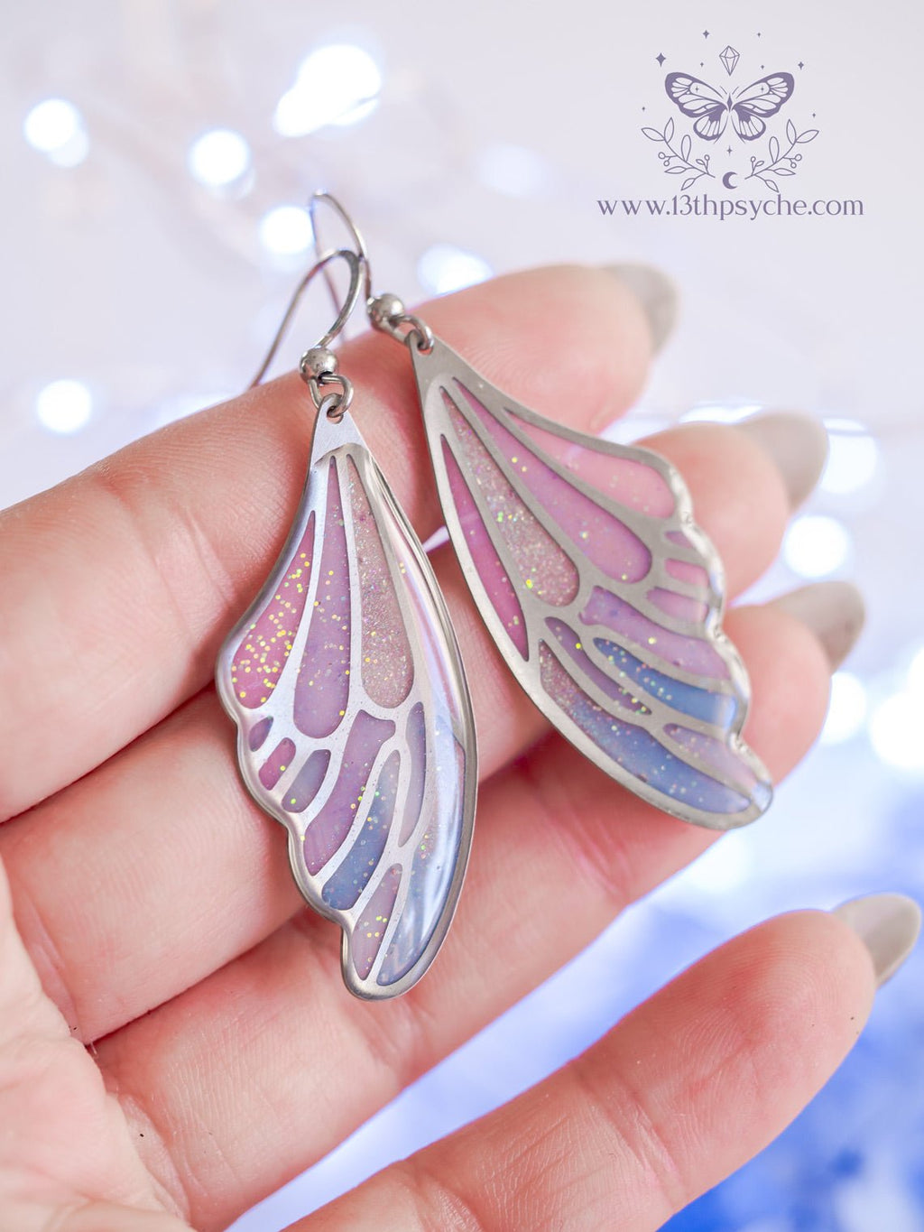 Handmade Stained glass inspired blue and pink Fairy Wing Resin Earrings - 13th Psyche