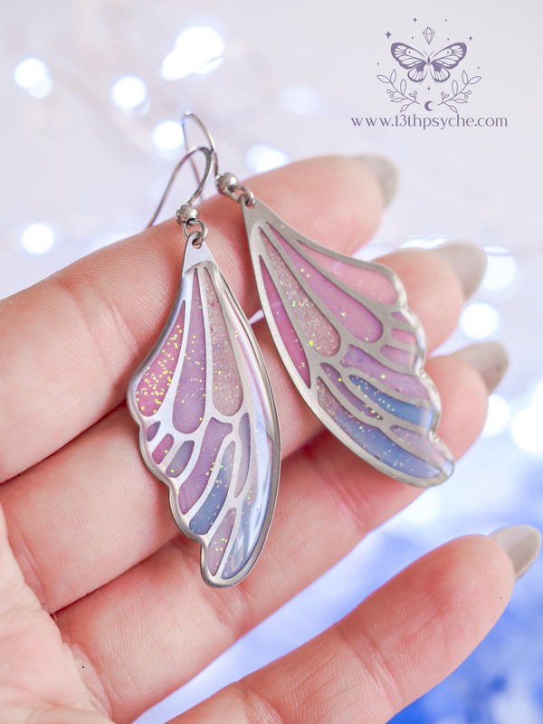 Handmade Stained glass inspired blue and pink Fairy Wing Resin Earrings - 13th Psyche