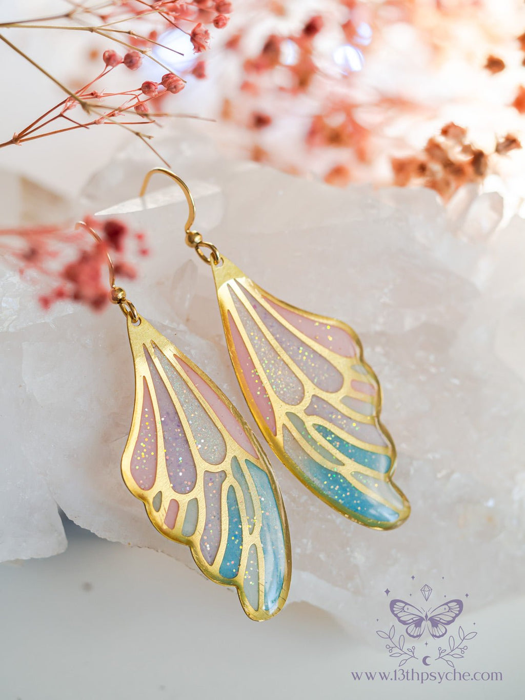 Handmade Stained glass inspired blue and pink Fairy Wing Resin Earrings - 13th Psyche