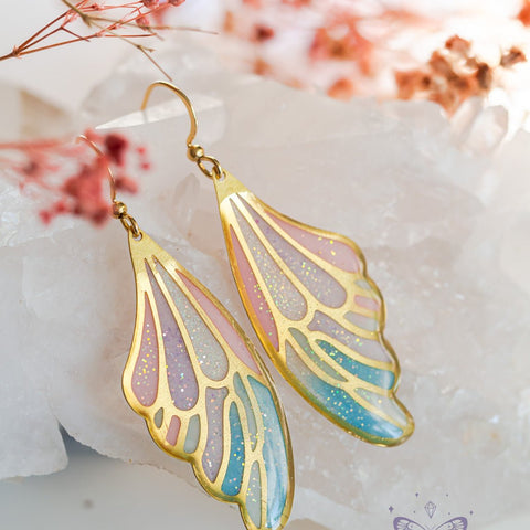 Handmade Stained glass inspired blue and pink Fairy Wing Resin Earrings - 13th Psyche