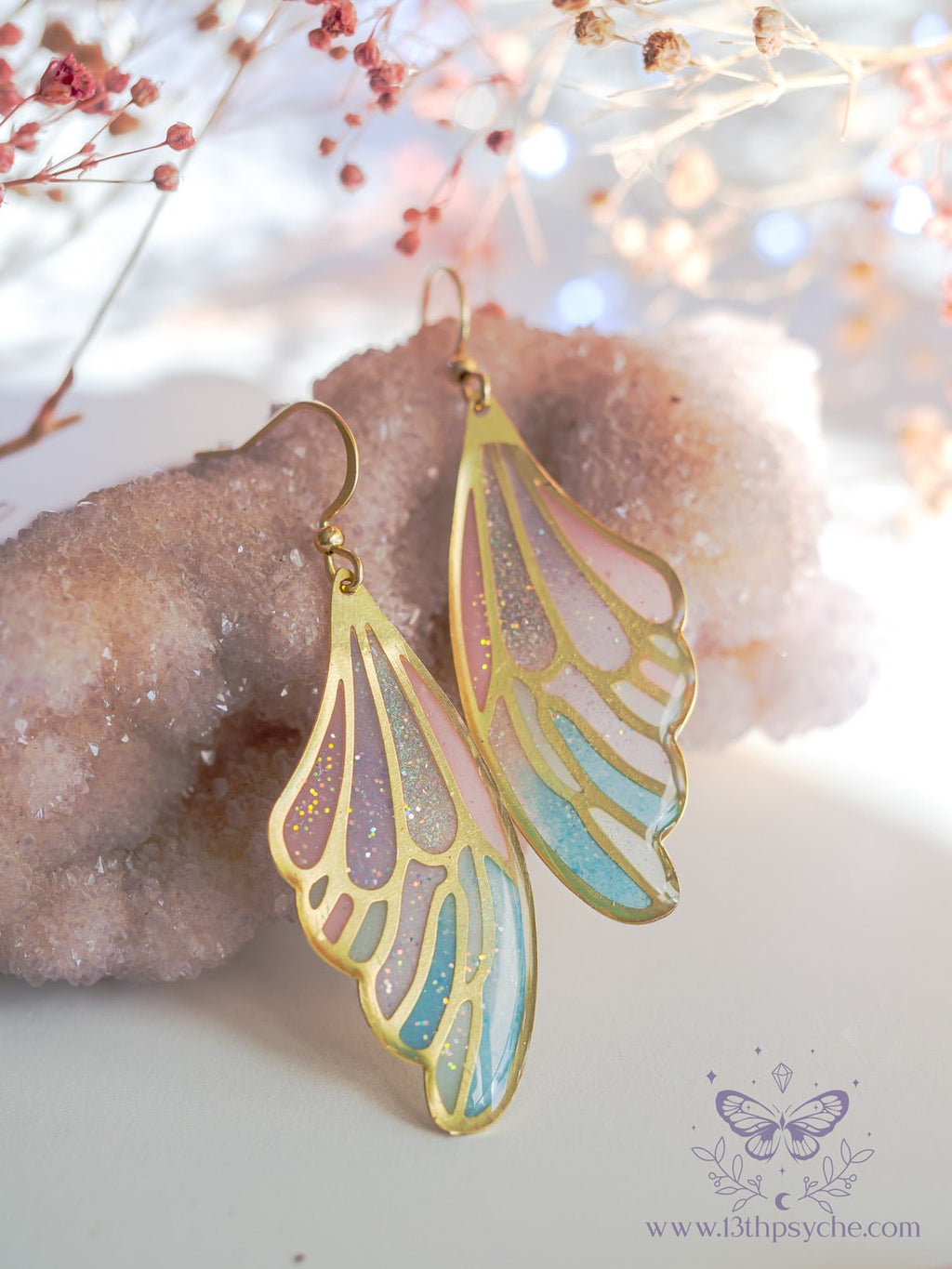 Handmade Stained glass inspired blue and pink Fairy Wing Resin Earrings - 13th Psyche