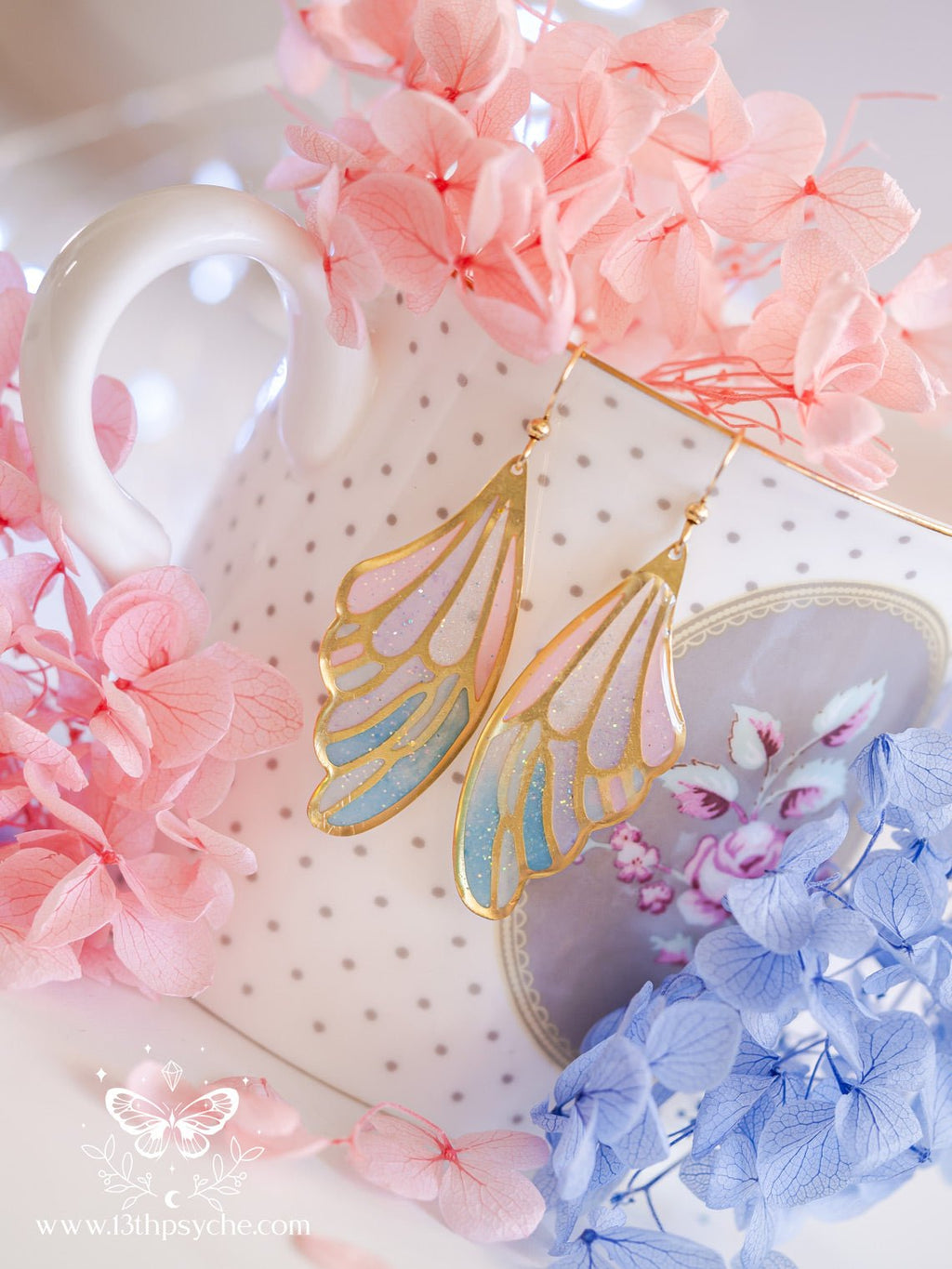 Handmade Stained glass inspired blue and pink Fairy Wing Resin Earrings - 13th Psyche