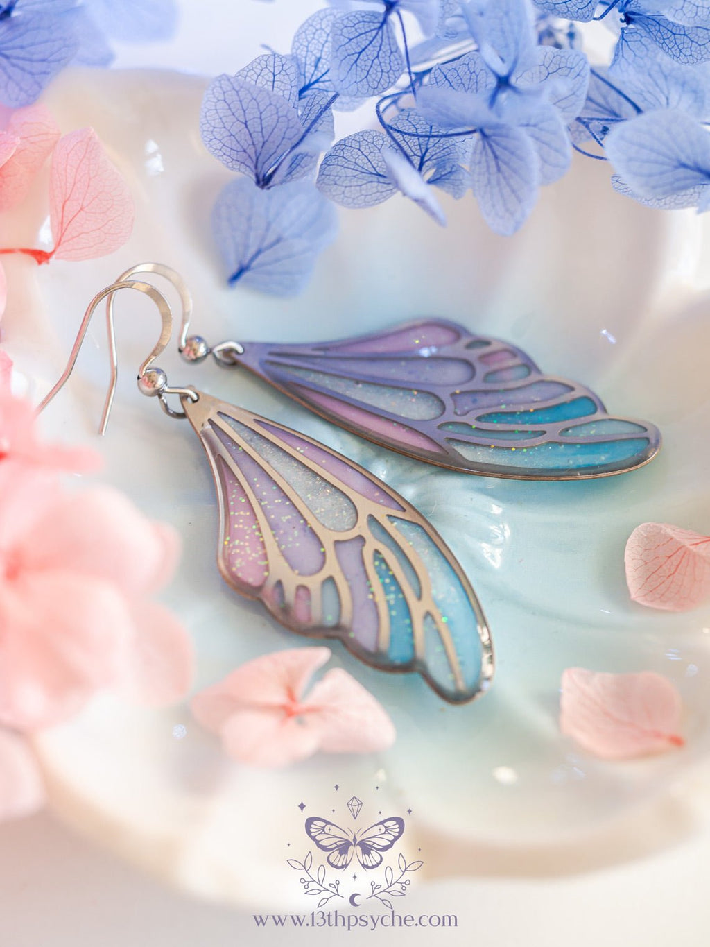 Handmade Stained glass inspired blue and pink Fairy Wing Resin Earrings - 13th Psyche