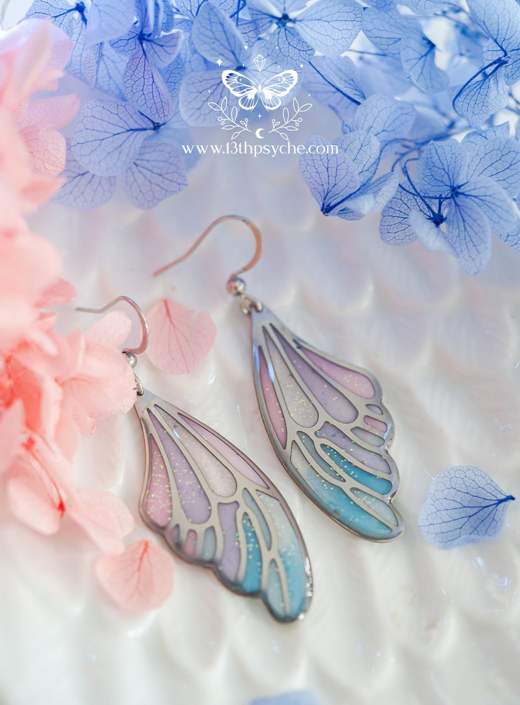 Handmade Stained glass inspired blue and pink Fairy Wing Resin Earrings - 13th Psyche