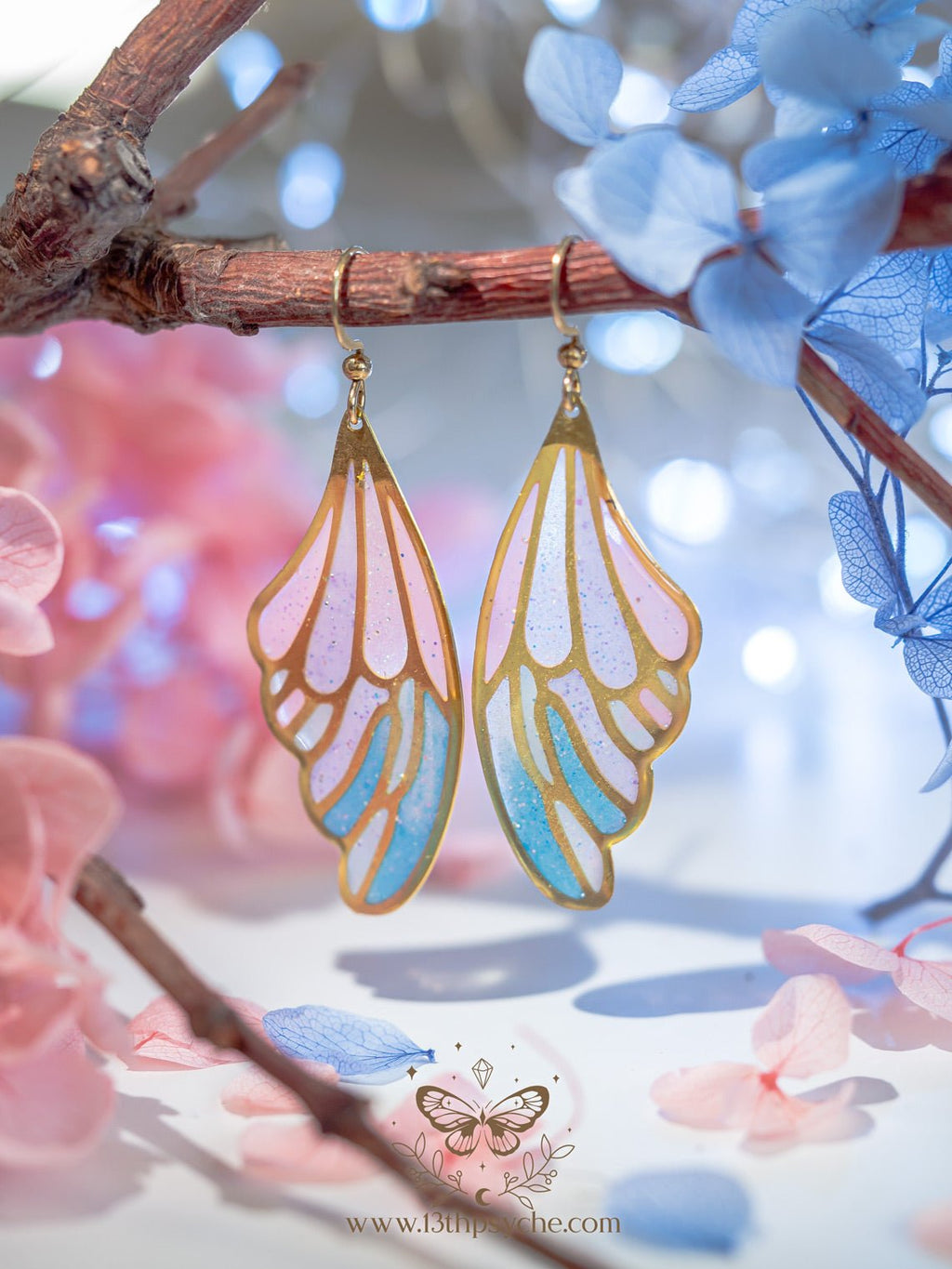 Handmade Stained glass inspired blue and pink Fairy Wing Resin Earrings - 13th Psyche