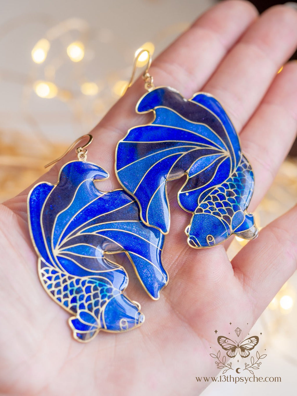 Handmade Stained glass inspired Blue Betta Fish Earrings - 13th Psyche