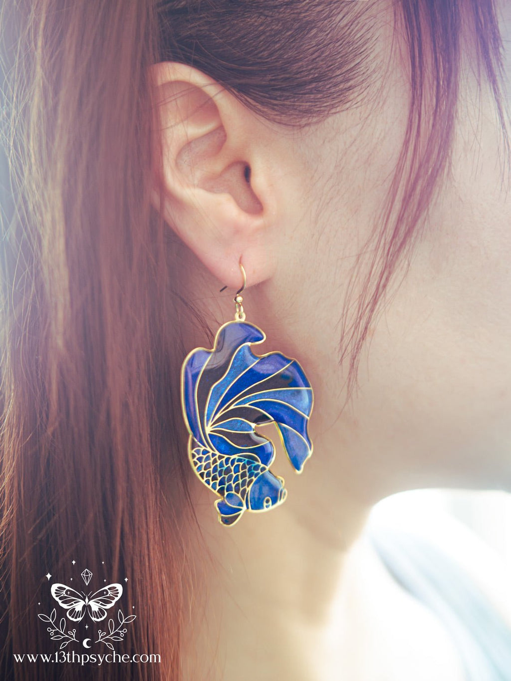 Handmade Stained glass inspired Blue Betta Fish Earrings - 13th Psyche