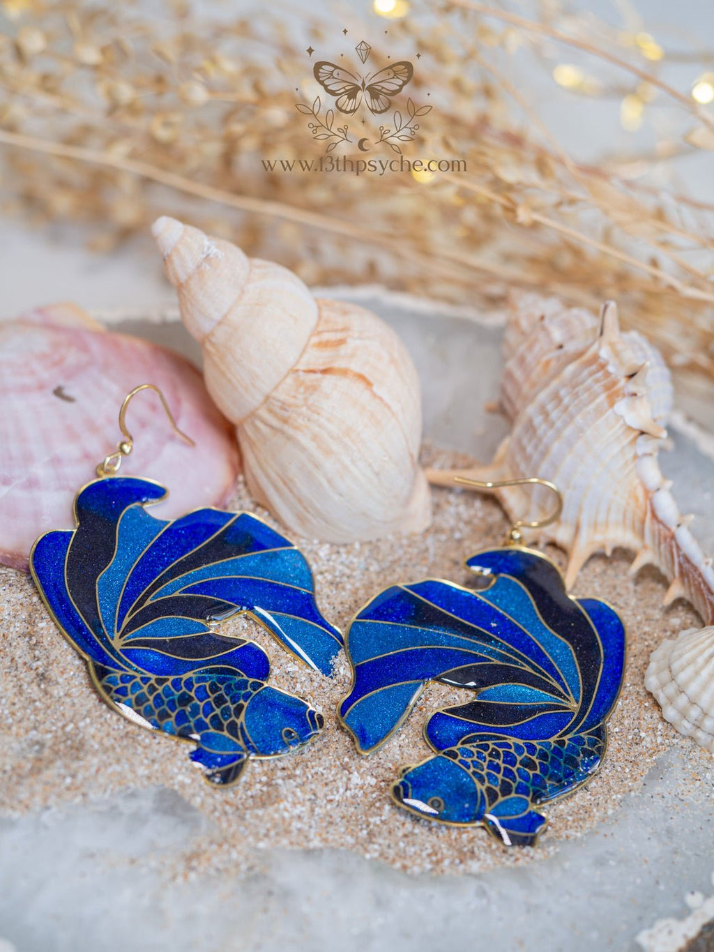 Handmade Stained glass inspired Blue Betta Fish Earrings - 13th Psyche