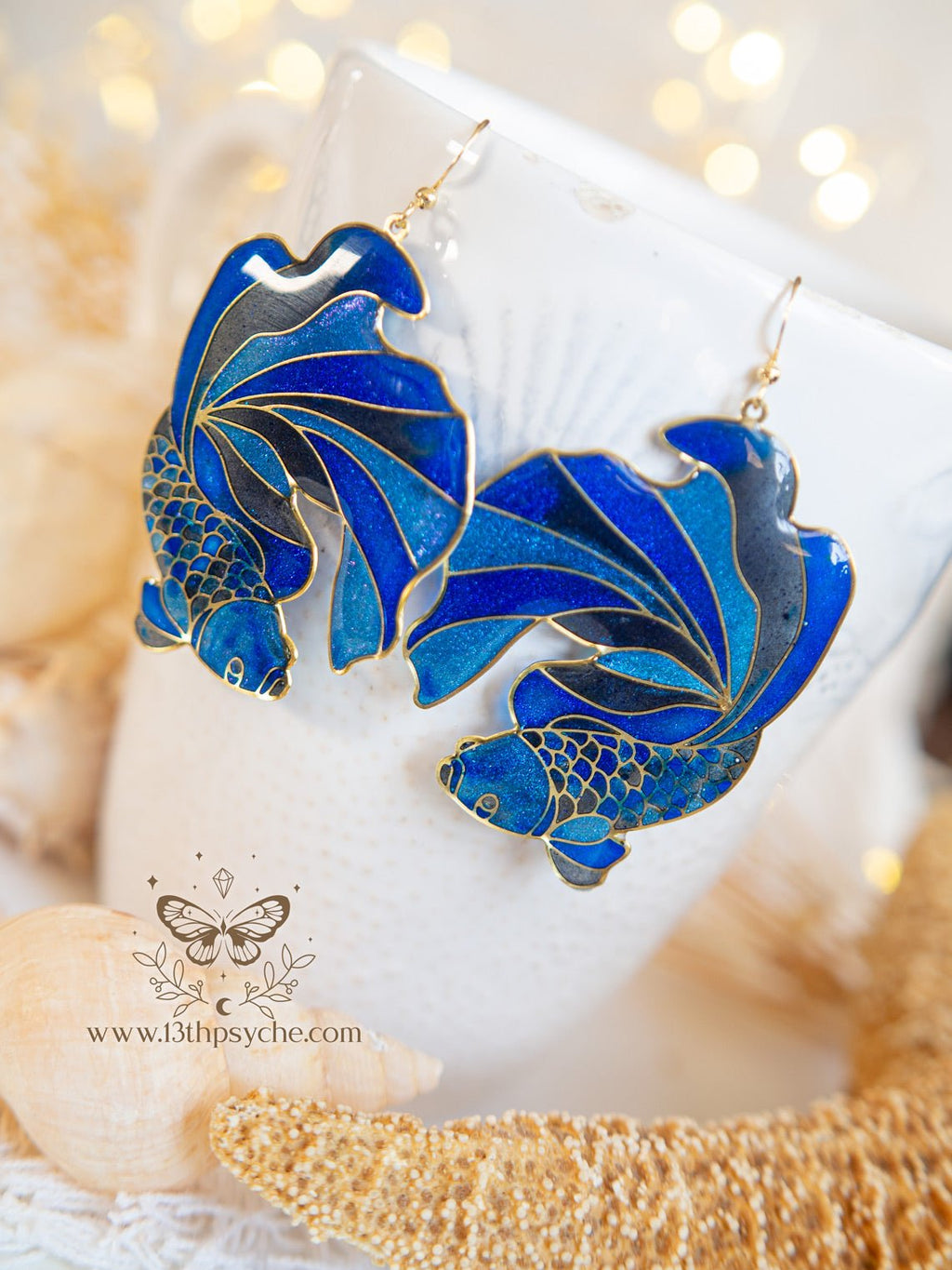 Handmade Stained glass inspired Blue Betta Fish Earrings - 13th Psyche