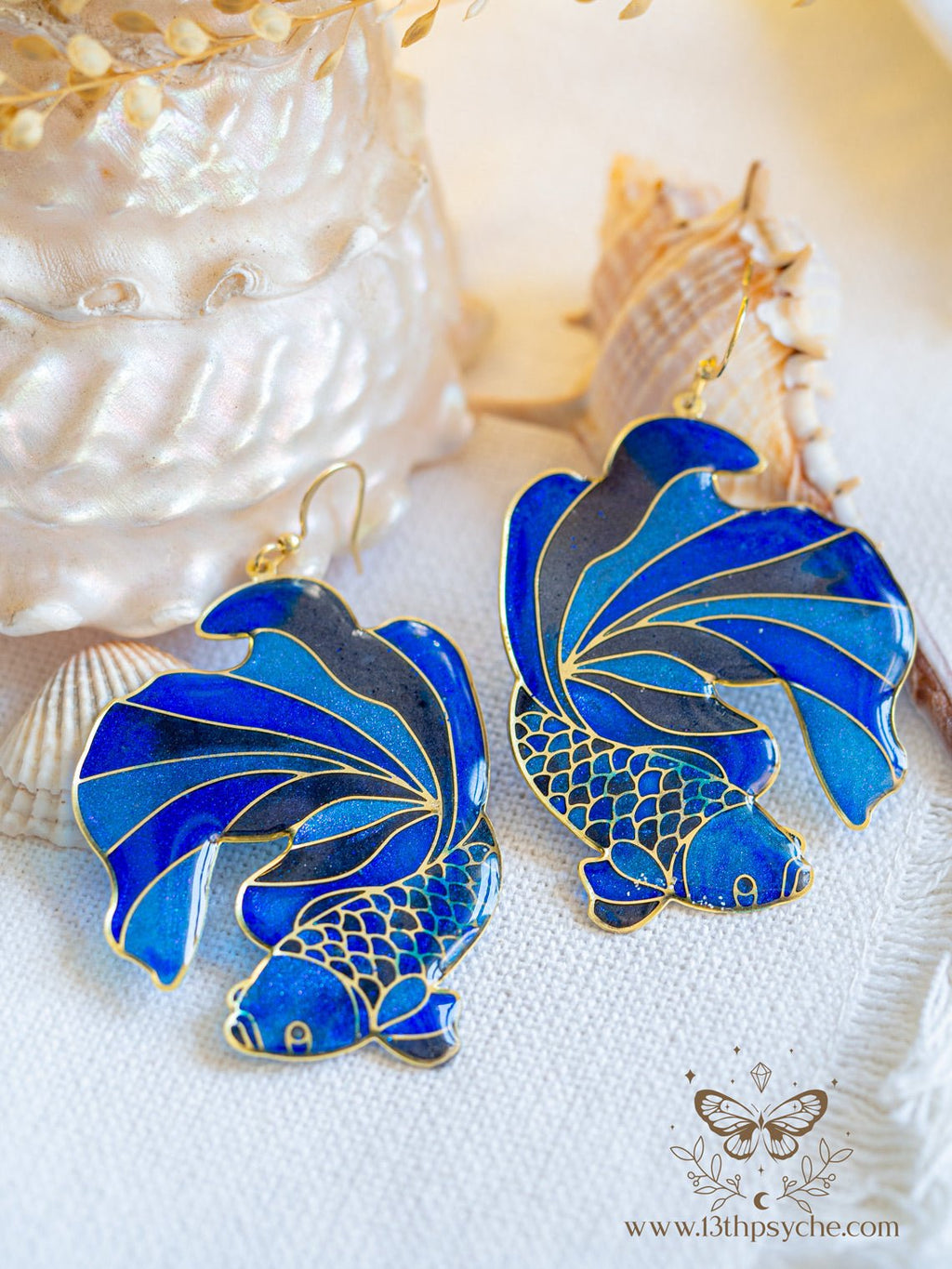 Handmade Stained glass inspired Blue Betta Fish Earrings - 13th Psyche
