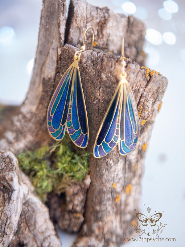 Handmade Stained glass inspired Dark dragonfly wing earrings - 13th Psyche