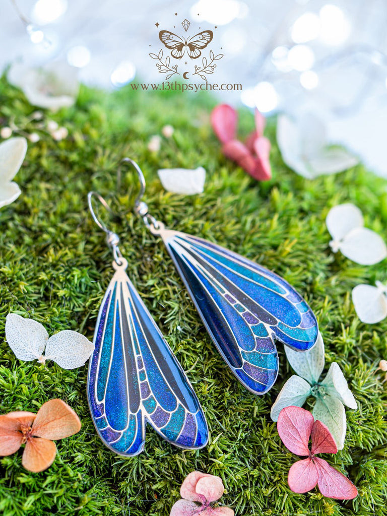 Handmade Stained glass inspired Dark dragonfly wing earrings - 13th Psyche