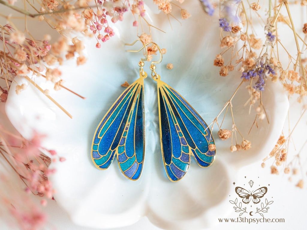 Handmade Stained glass inspired Dark dragonfly wing earrings - 13th Psyche