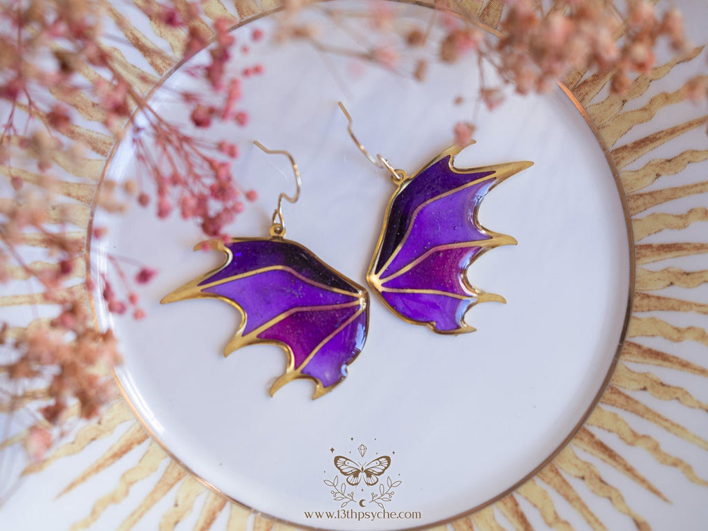 Handmade Stained glass inspired dragon wing earrings - 13th Psyche