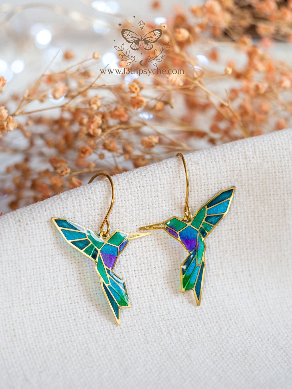 Handmade Stained glass inspired Geometric hummingbird earrings - 13th Psyche
