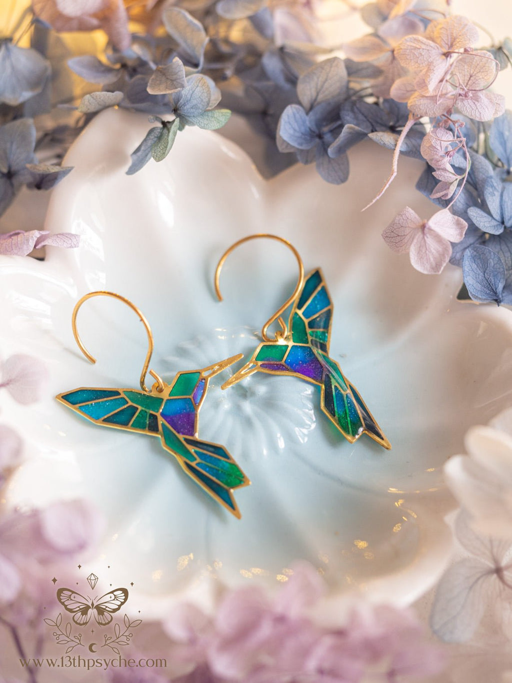 Handmade Stained glass inspired Geometric hummingbird earrings - 13th Psyche