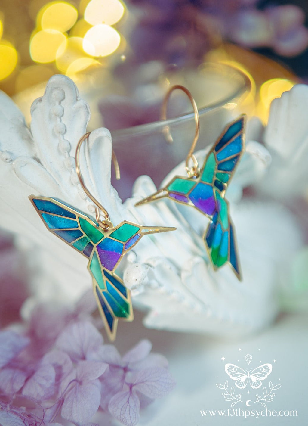 Handmade Stained glass inspired Geometric hummingbird earrings - 13th Psyche