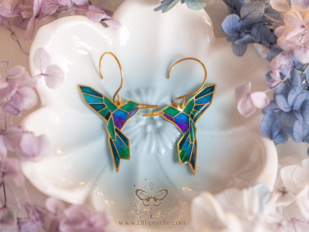 Handmade Stained glass inspired Geometric hummingbird earrings - 13th Psyche