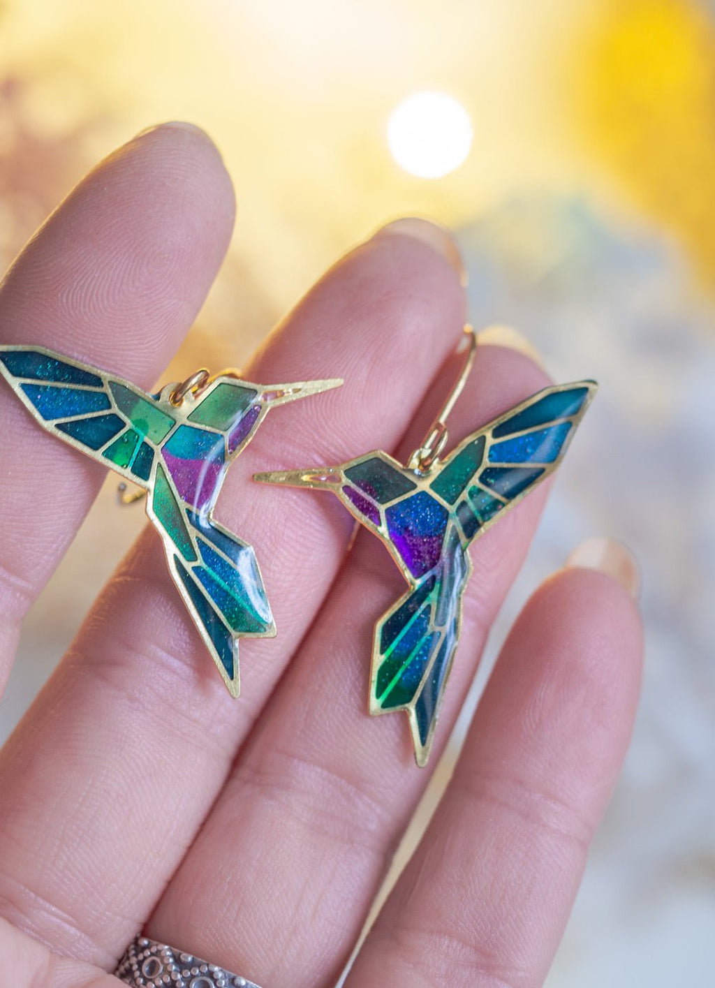 Handmade Stained glass inspired Geometric hummingbird earrings - 13th Psyche