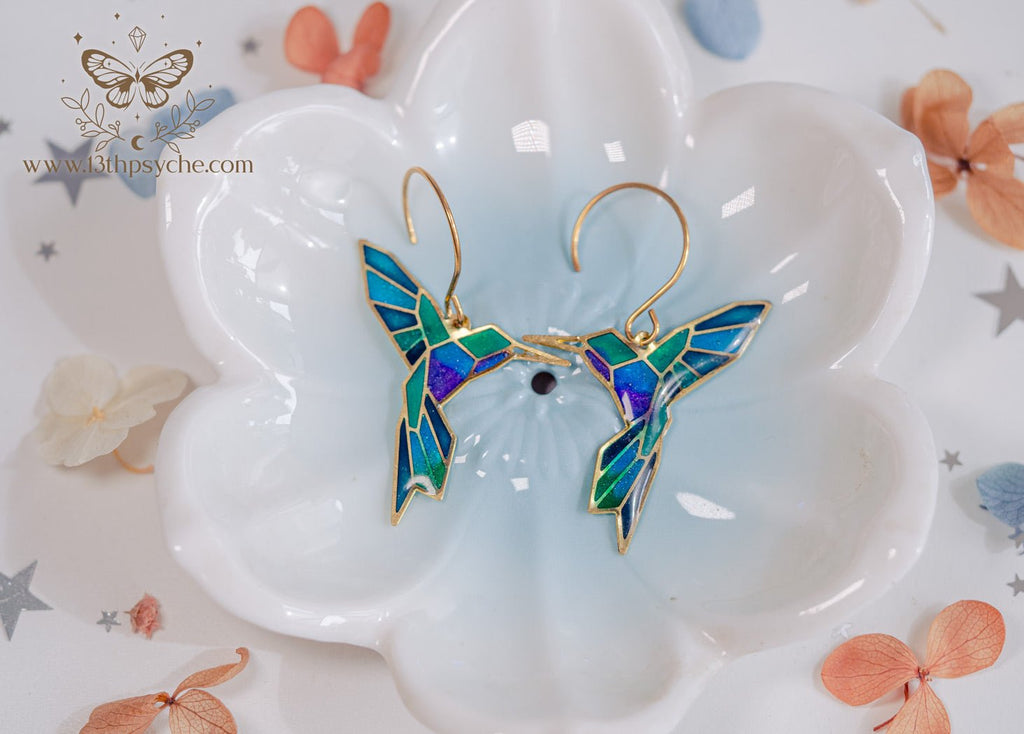 Handmade Stained glass inspired Geometric hummingbird earrings - 13th Psyche