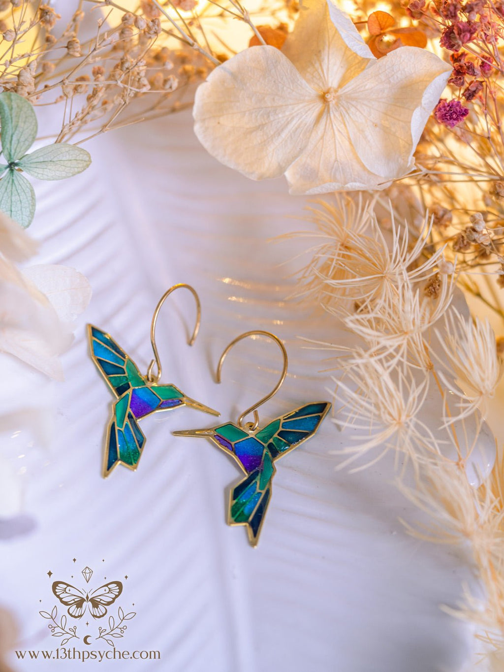Handmade Stained glass inspired Geometric hummingbird earrings - 13th Psyche