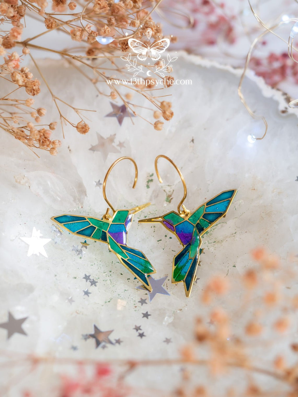 Handmade Stained glass inspired Geometric hummingbird earrings - 13th Psyche