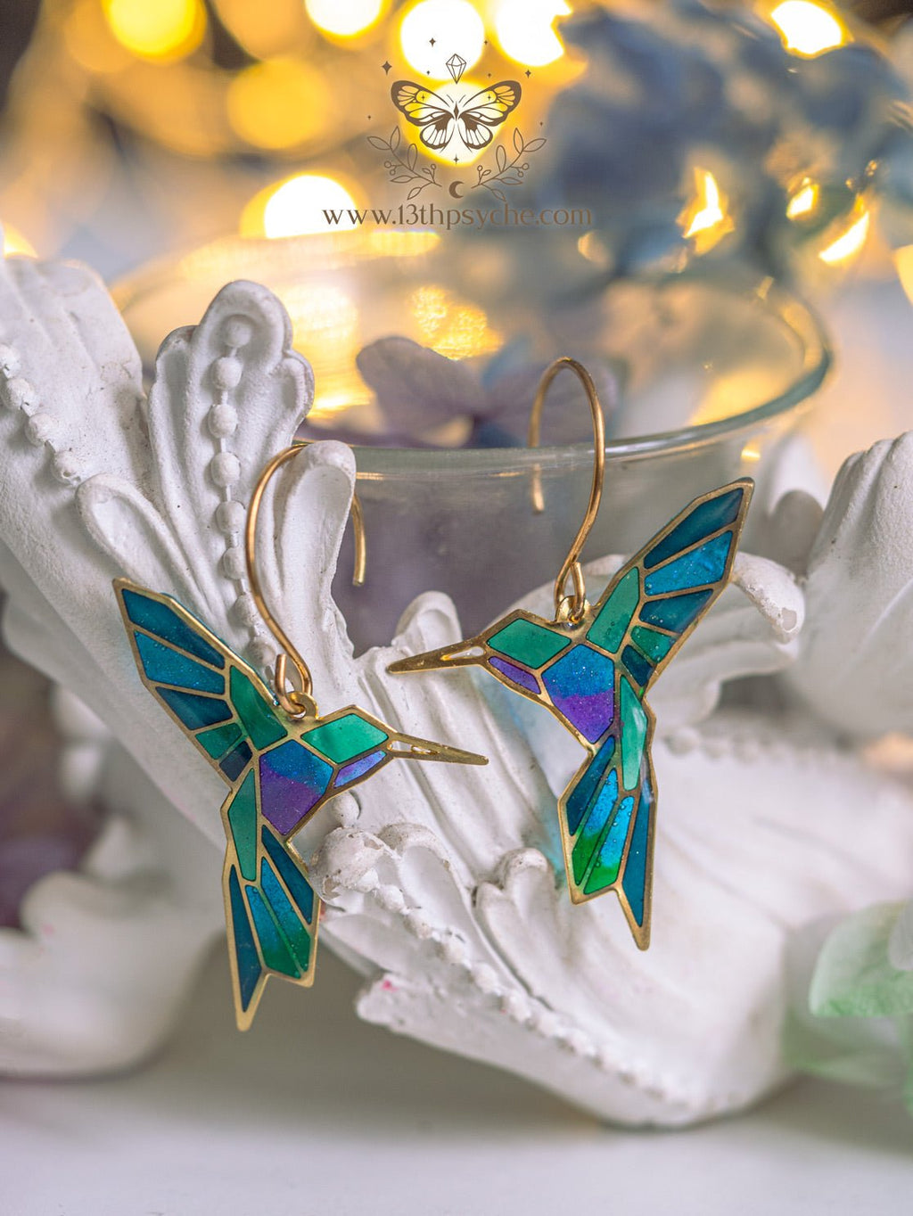 Handmade Stained glass inspired Geometric hummingbird earrings - 13th Psyche