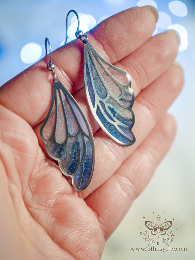 Handmade Stained glass inspired Ice fairy wing earrings - 13th Psyche