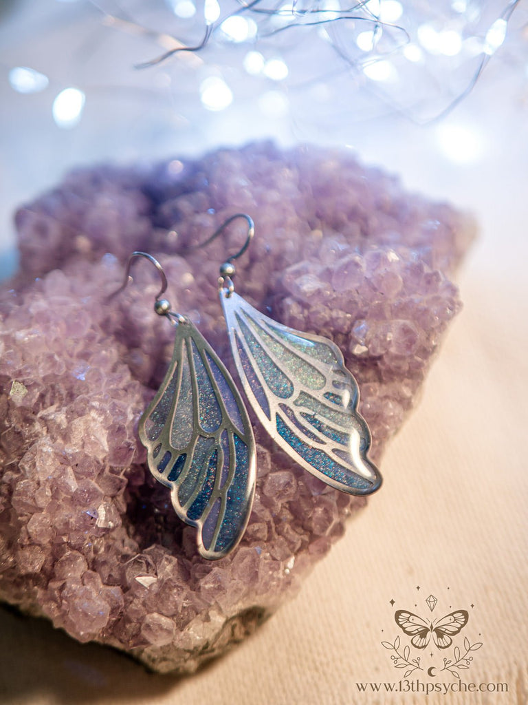 Handmade Stained glass inspired Ice fairy wing earrings - 13th Psyche